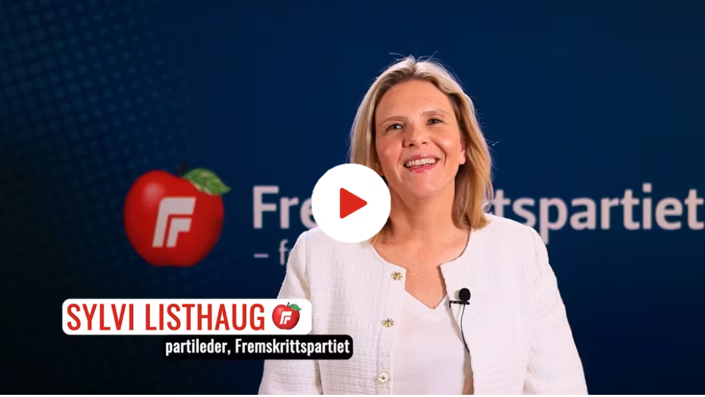 Partilederen i Fremskrittspartiet navnet i røde bokstaver "Sylvi Listhaug". Hun har en blå logovegg i bakgrunnen.  